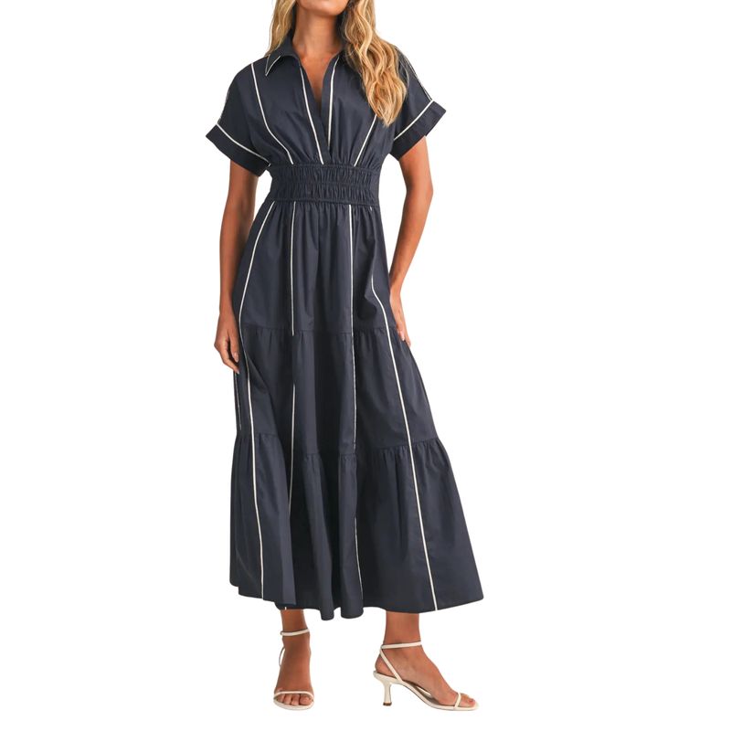 Smocked Waist Contrast Piping Detail A-Line Maxi Dress - Navy