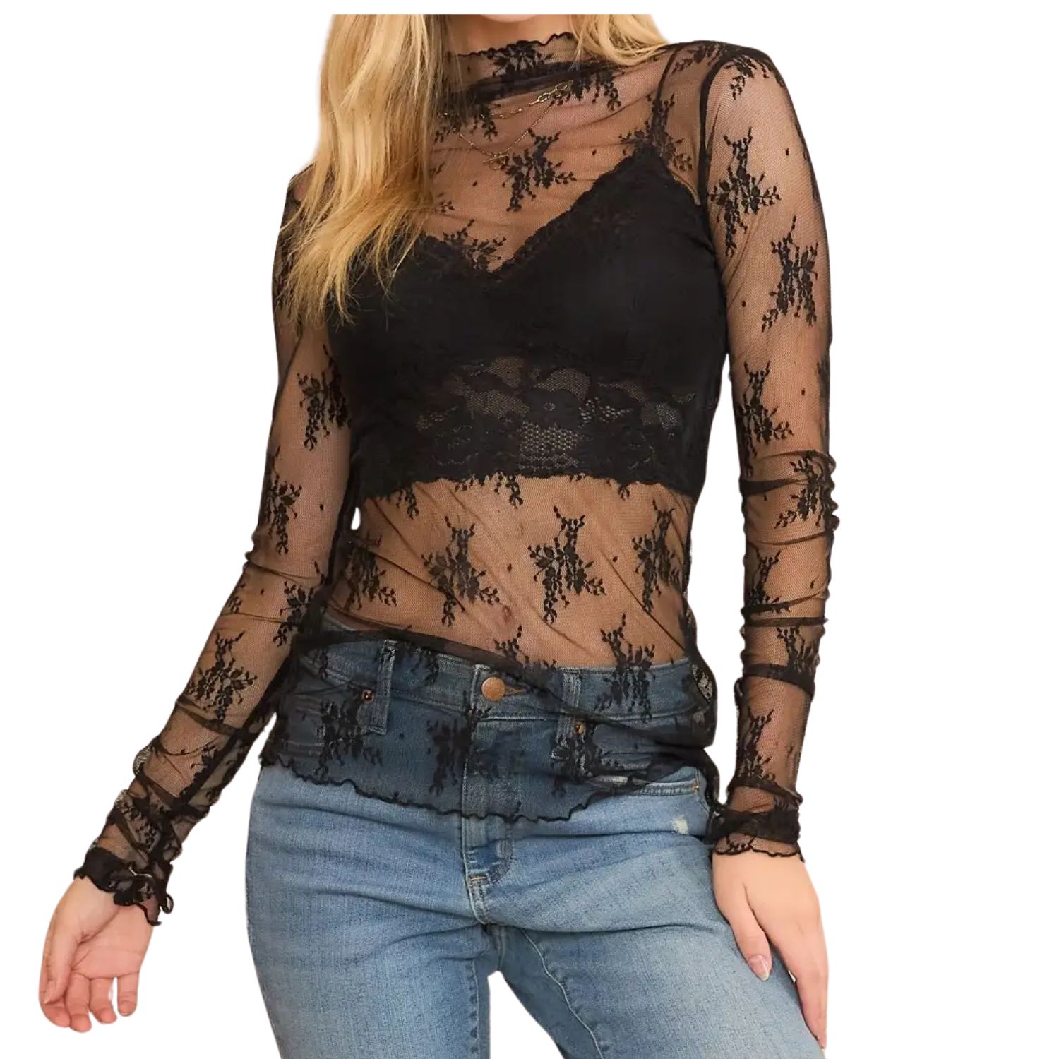 Mesh Lace High Neck Long Sleeve Fitted Top