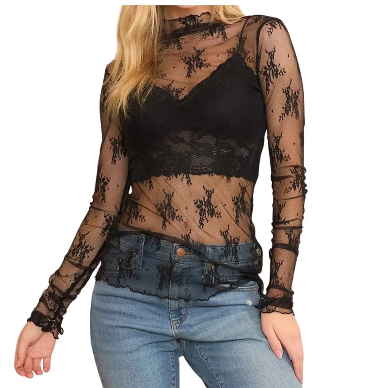 Mesh Lace High Neck Long Sleeve Fitted Top