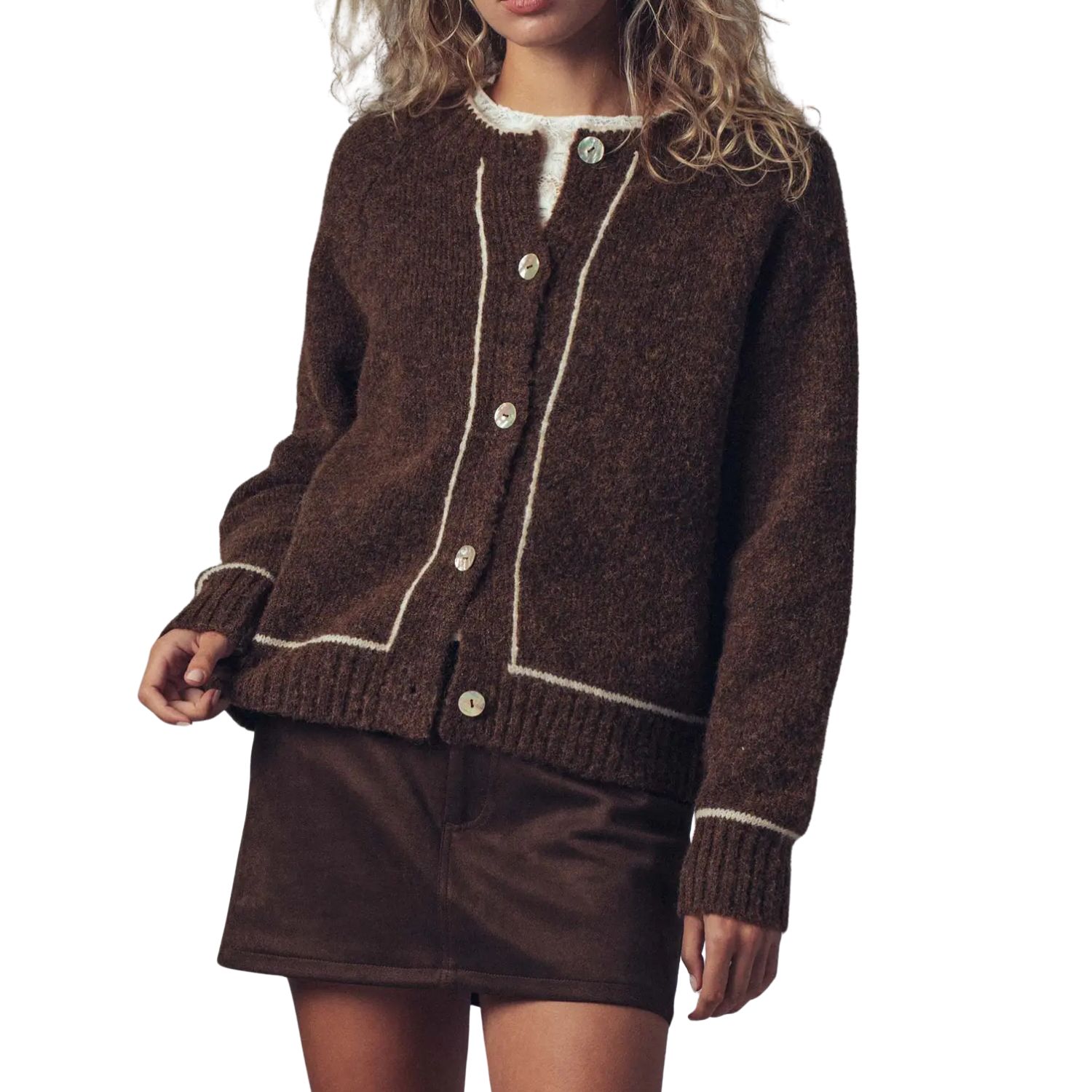 Contrast Trim Boho Knit Button Cardigan - Brown