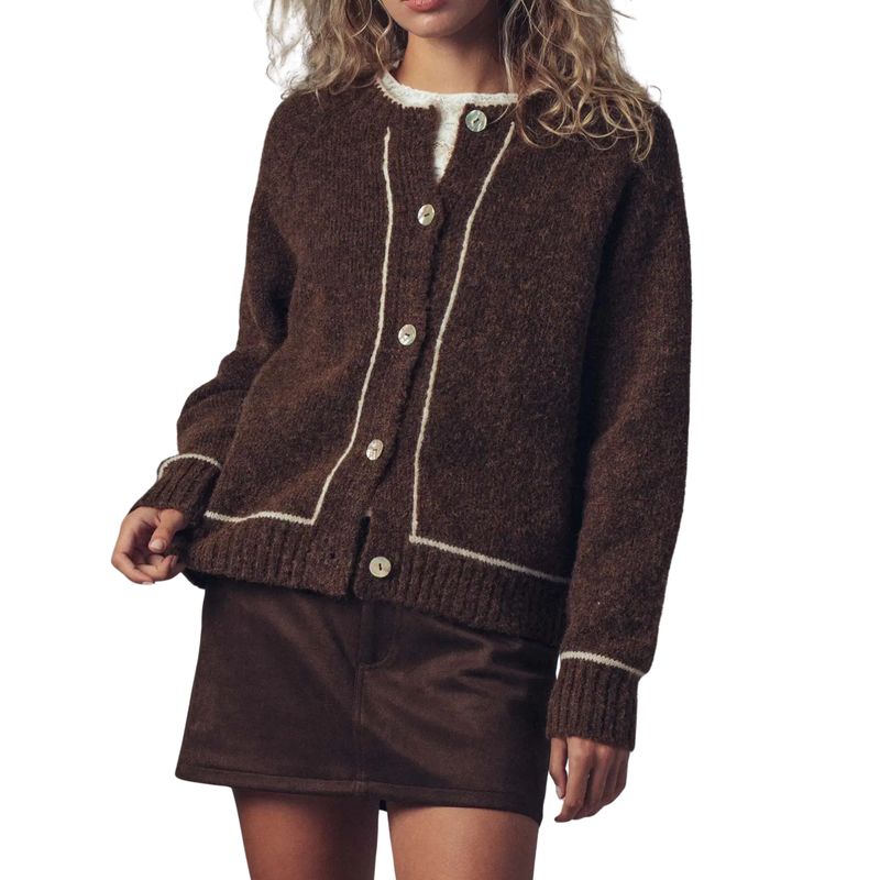Contrast Trim Boho Knit Button Cardigan - Brown