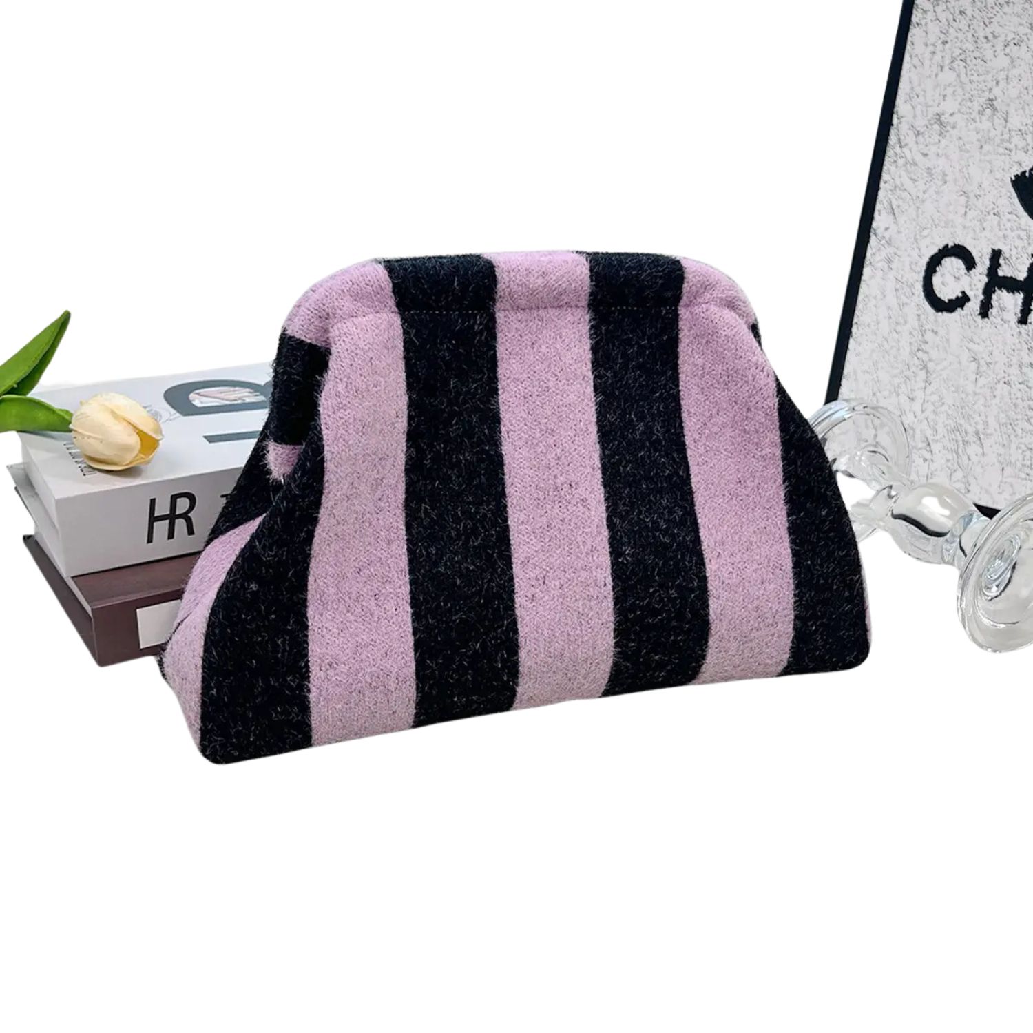 Plush Striped Knit Cosmetic Bag Beach Knit Clutch – Purple &amp; Black
