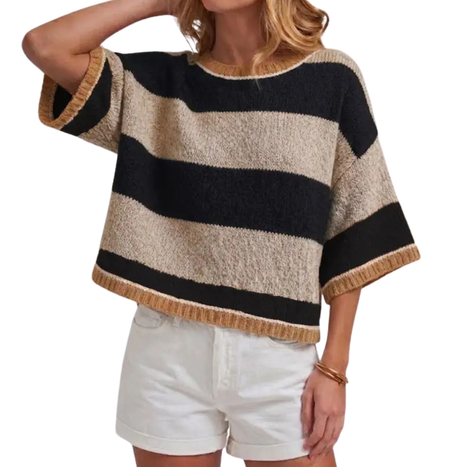 Wide Stripe Loose Fit Drop Shoulder Sweater – Black &amp; Oatmeal