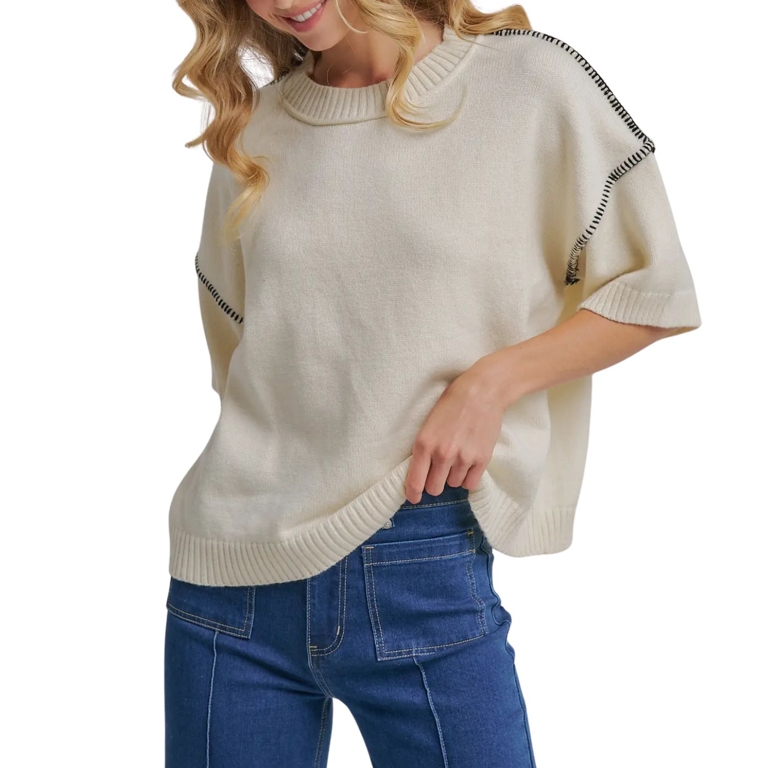 Relaxed Fit Sweater Top with Contrast Stitch Detail – Ivory