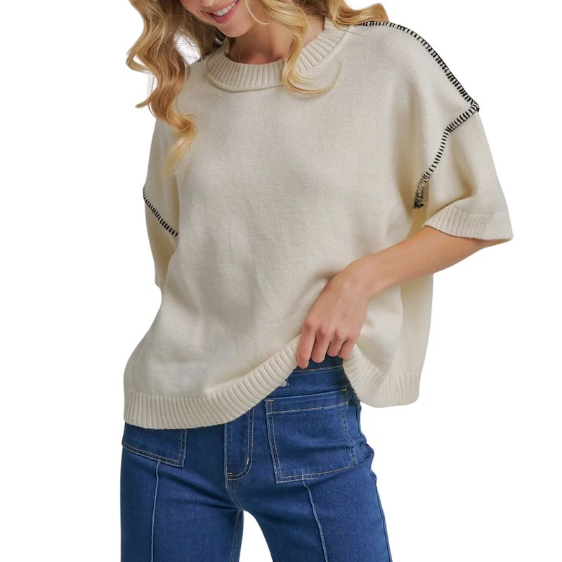 Relaxed Fit Sweater Top with Contrast Stitch Detail – Ivory