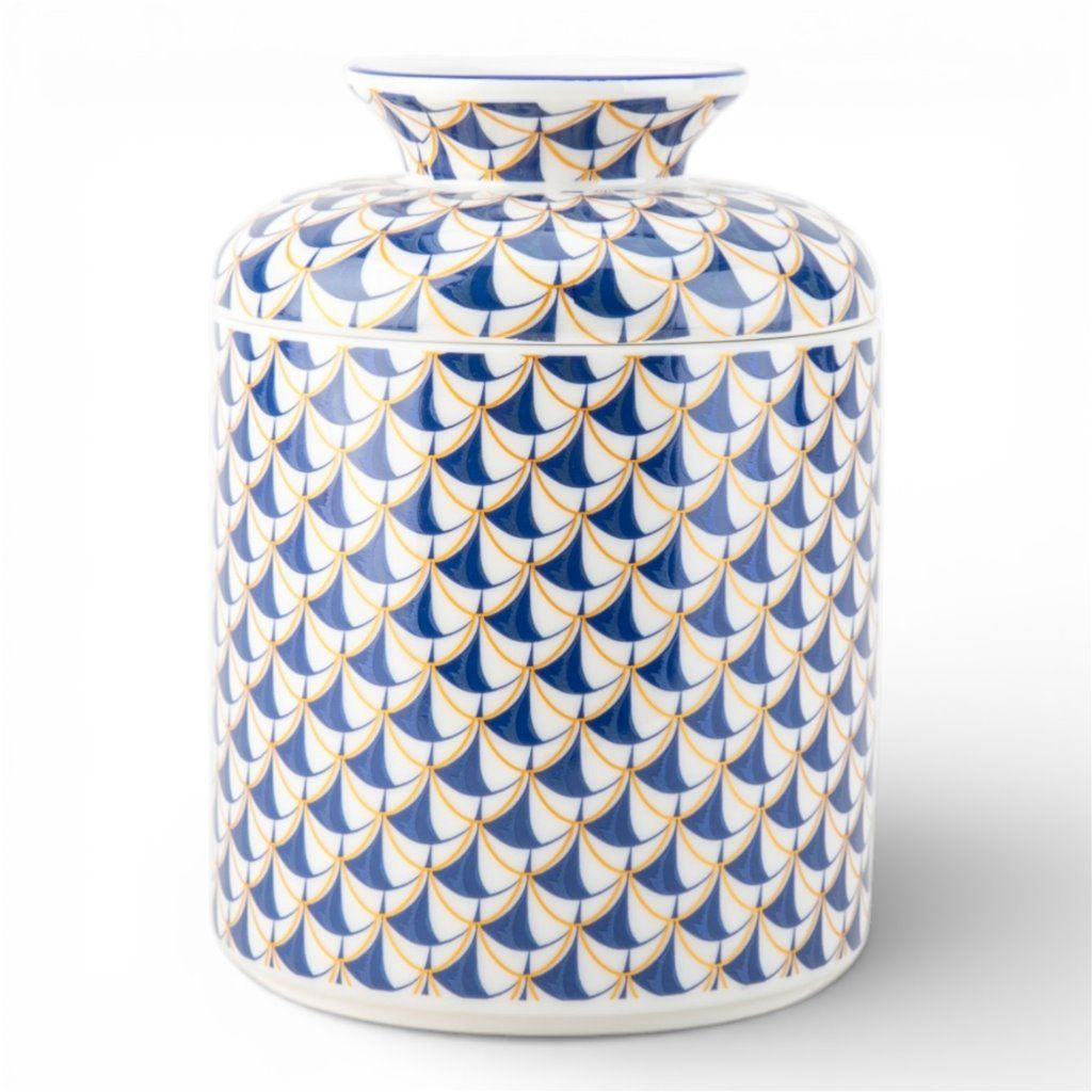 Porcelain Round Tissue Box Cover – Blue Fishnet Pattern