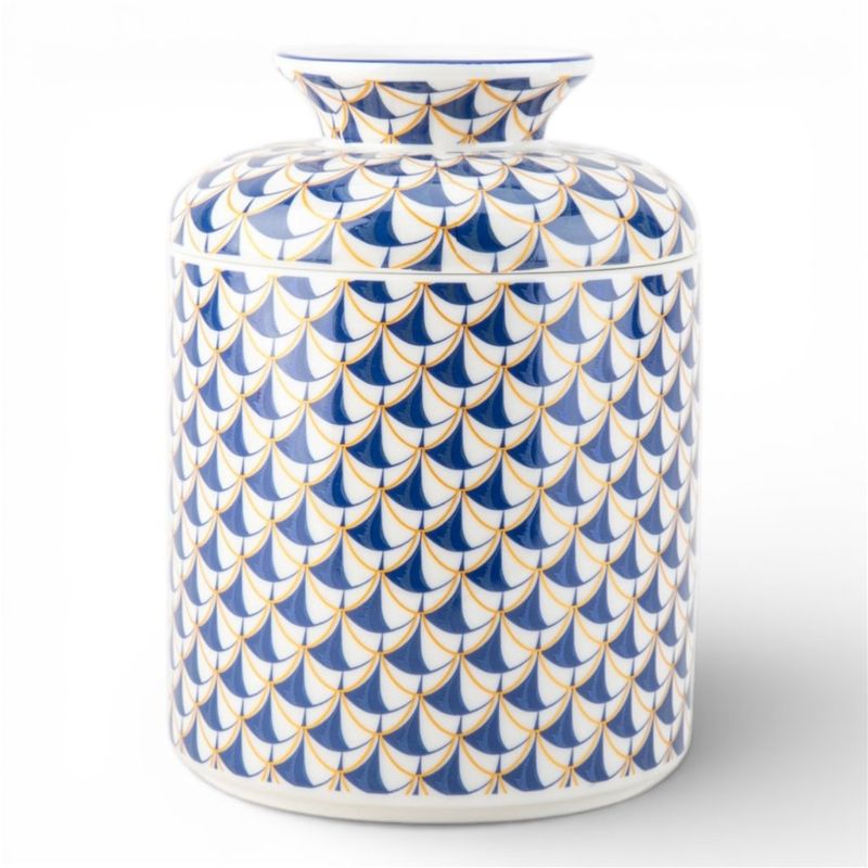 Porcelain Round Tissue Box Cover – Blue Fishnet Pattern