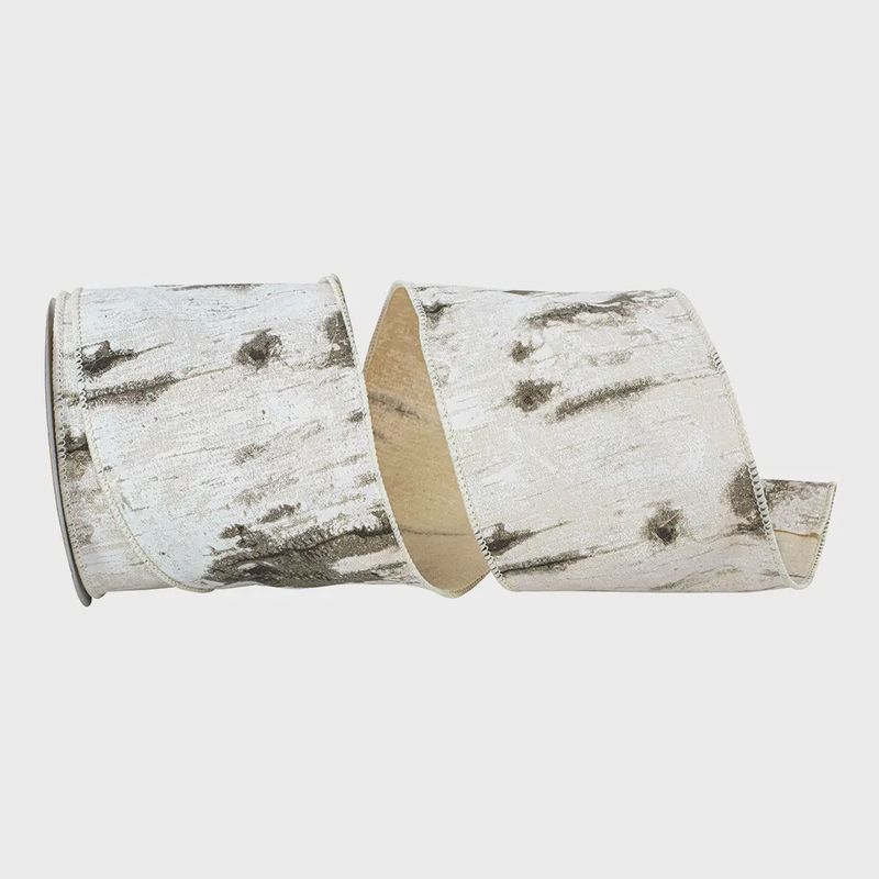 Birch Bark Wired Edge Ribbon – White, 4" x 10 Yards