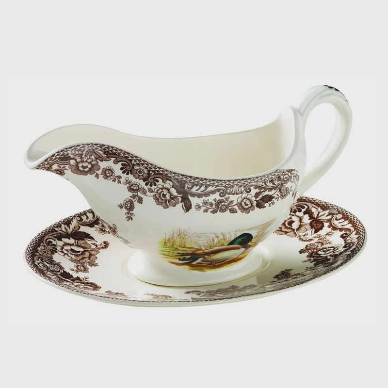 Spode Woodland Sauce Boat &amp; Stand (Mallard)