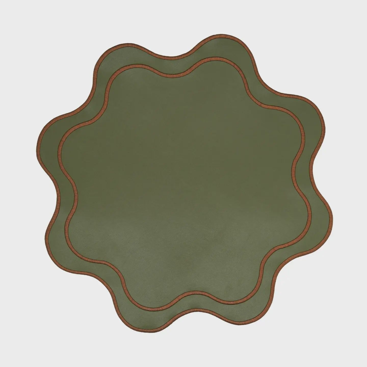 Haven Dark Green Brown Trim Wavy Edge Faux Leather Placemat
