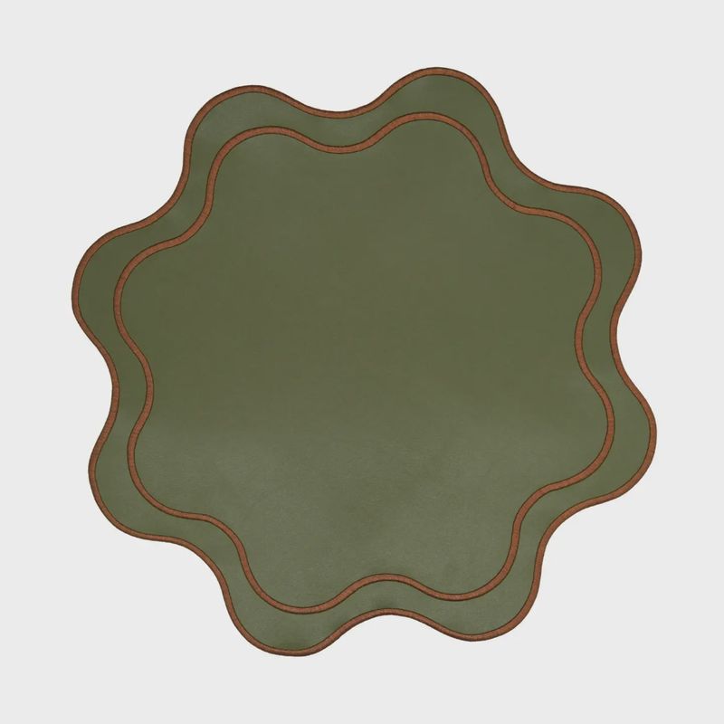 Haven Dark Green Brown Trim Wavy Edge Faux Leather Placemat