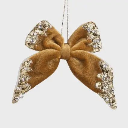 Antique Gold Velvet Bow Ornament with Sequin Trim, 4.25"