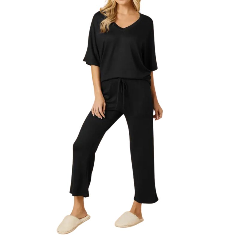 Dream V-Neck Capri Lounge Set – Buttery Soft 2-Piece – Black