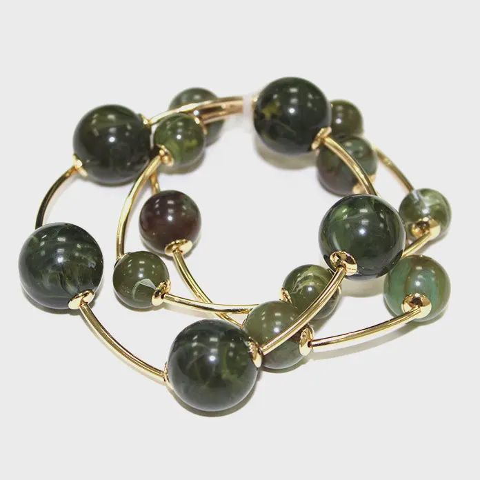 Emerald Green &amp; Gold Beaded Stretch Bracelet Set