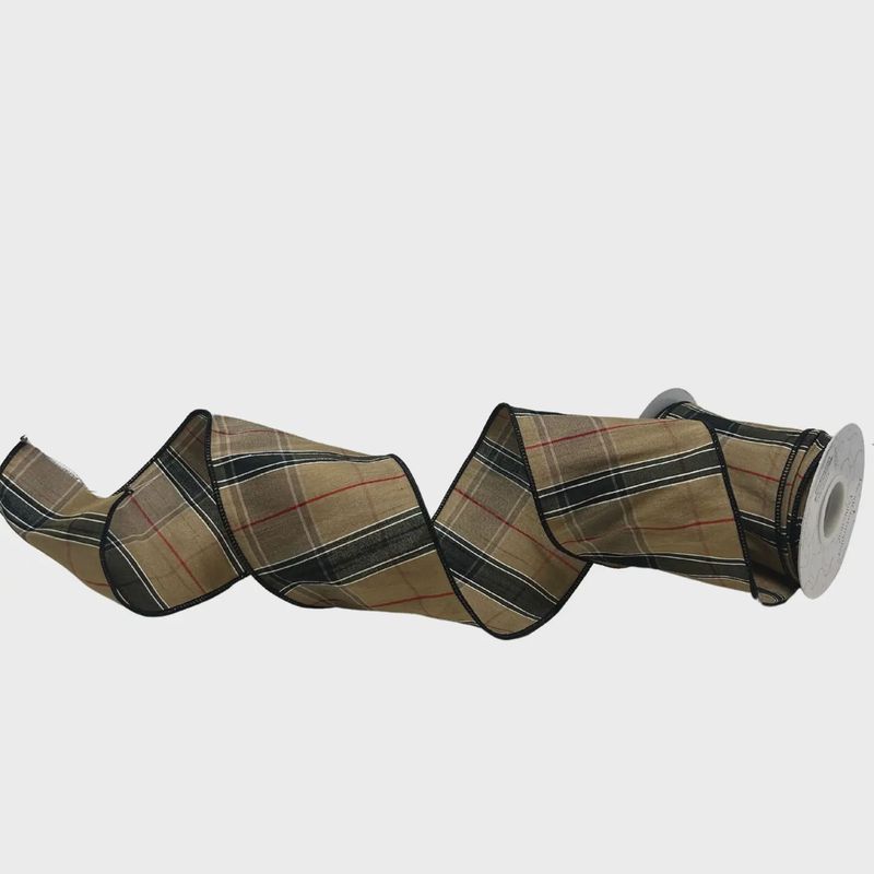 Berry Black &amp; Tan Plaid Wired Ribbon – 4" x 10 Yards