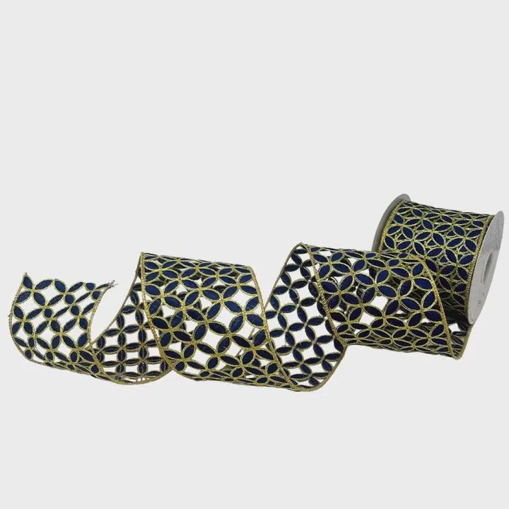 Navy &amp; Gold Cutout Wired Ribbon – 4" x 5 Yards