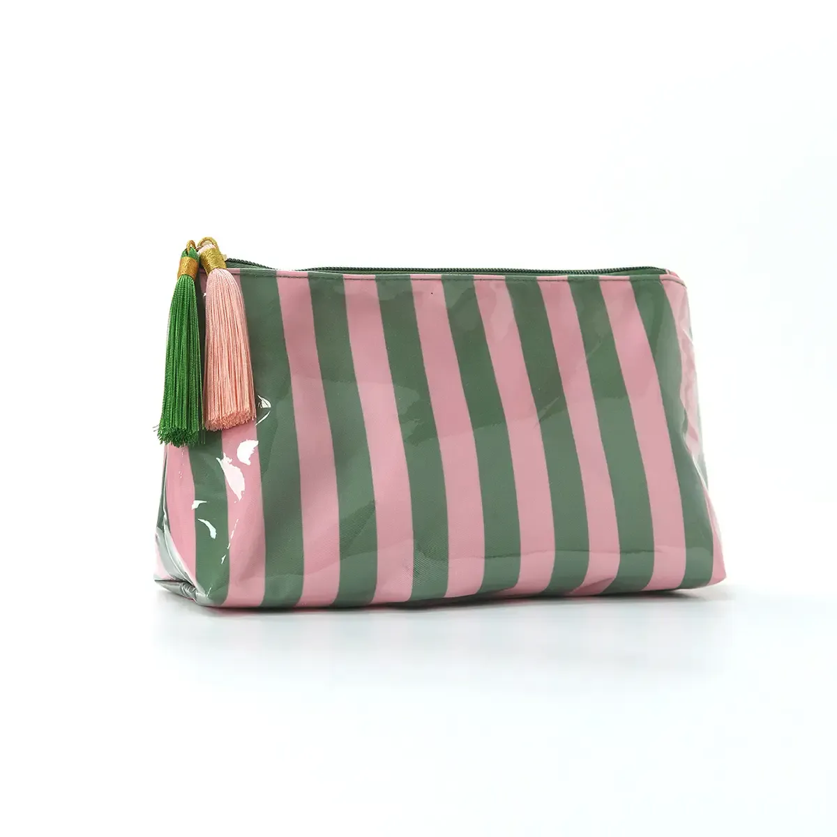 Stripe Cosmetic Bag with Tassel - Pink &amp; Green
