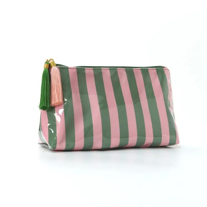 Stripe Cosmetic Bag with Tassel - Pink &amp; Green
