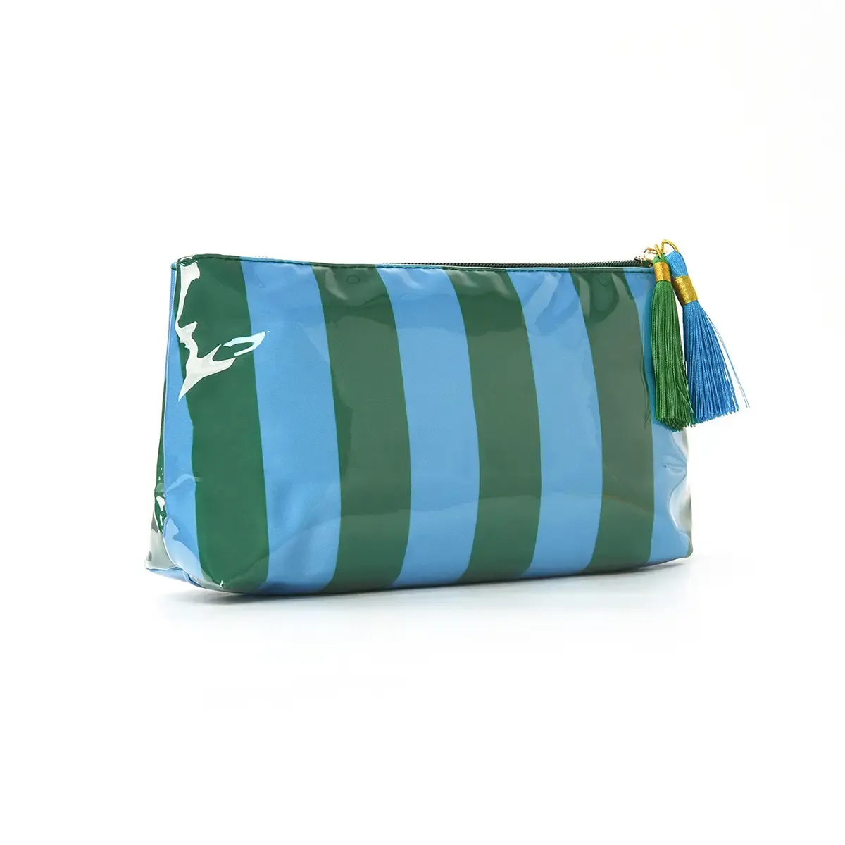 Stripe Cosmetic Bag with Tassel – Blue &amp; Green