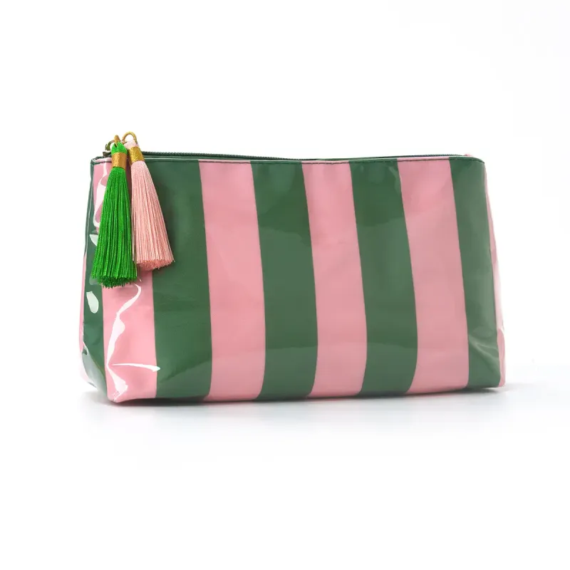 Large Stripe Cosmetic Bag with Tassel – Green &amp; Pink