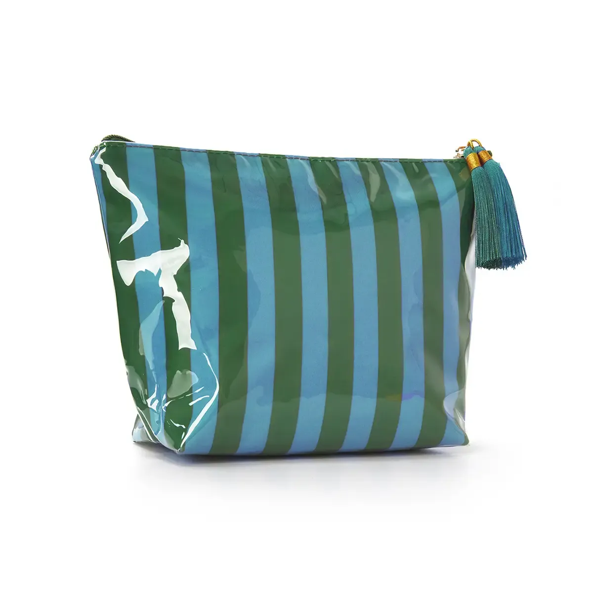 Striped Cosmetic Bag Tassel Zipper Makeup Pouch – Blue &amp; Green