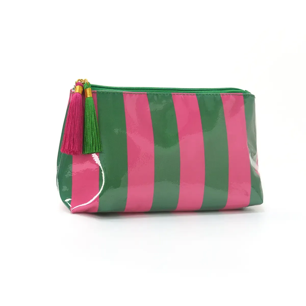 Stripe Cosmetic Bag with Tassel – Green &amp; Hot Pink