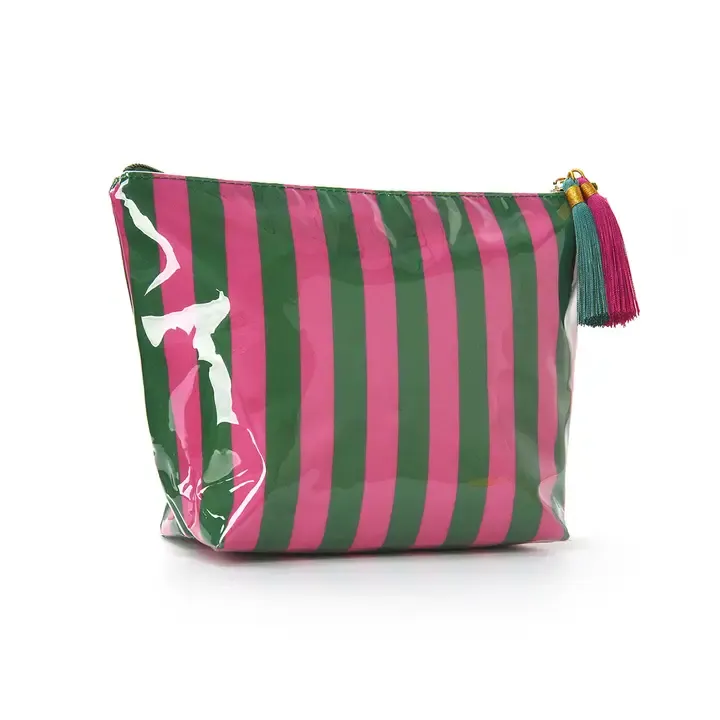 Striped Cosmetic Bag Tassel Zipper Makeup Pouch – Hot Pink &amp; Green