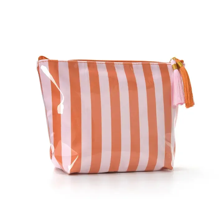 Striped Cosmetic Bag Tassel Zipper Makeup Pouch – Orange &amp; Pink