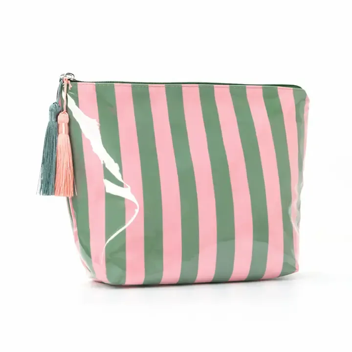Striped Cosmetic Bag Tassel Zipper Makeup Pouch – Pink &amp; Green