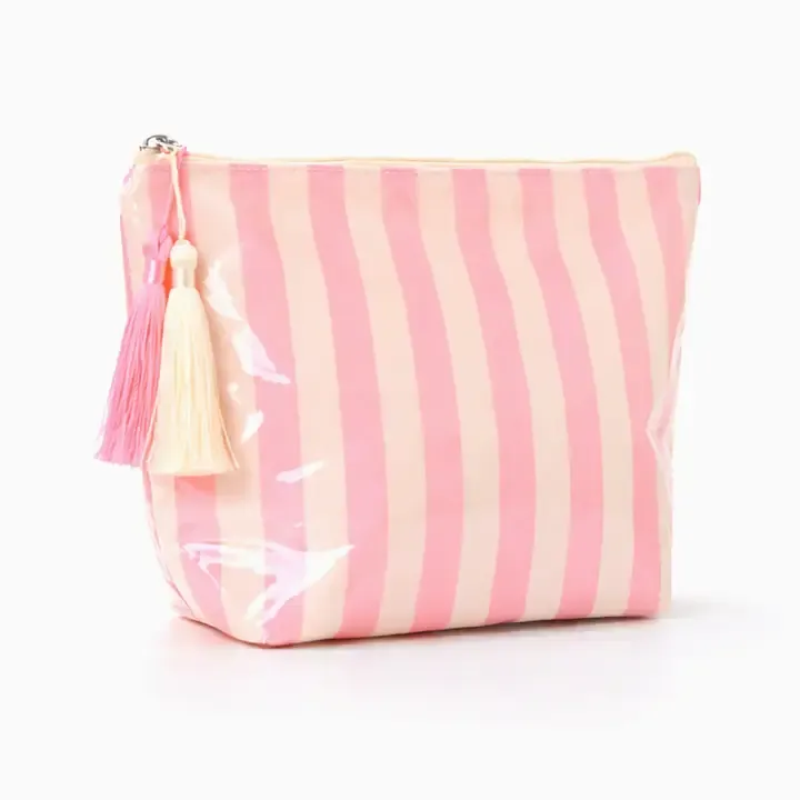 Striped Cosmetic Bag Tassel Zipper Makeup Pouch – Pink &amp; Cream