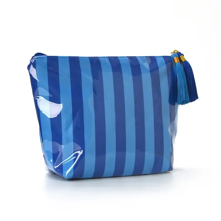 Striped Cosmetic Bag Tassel Zipper Makeup Pouch – Blue