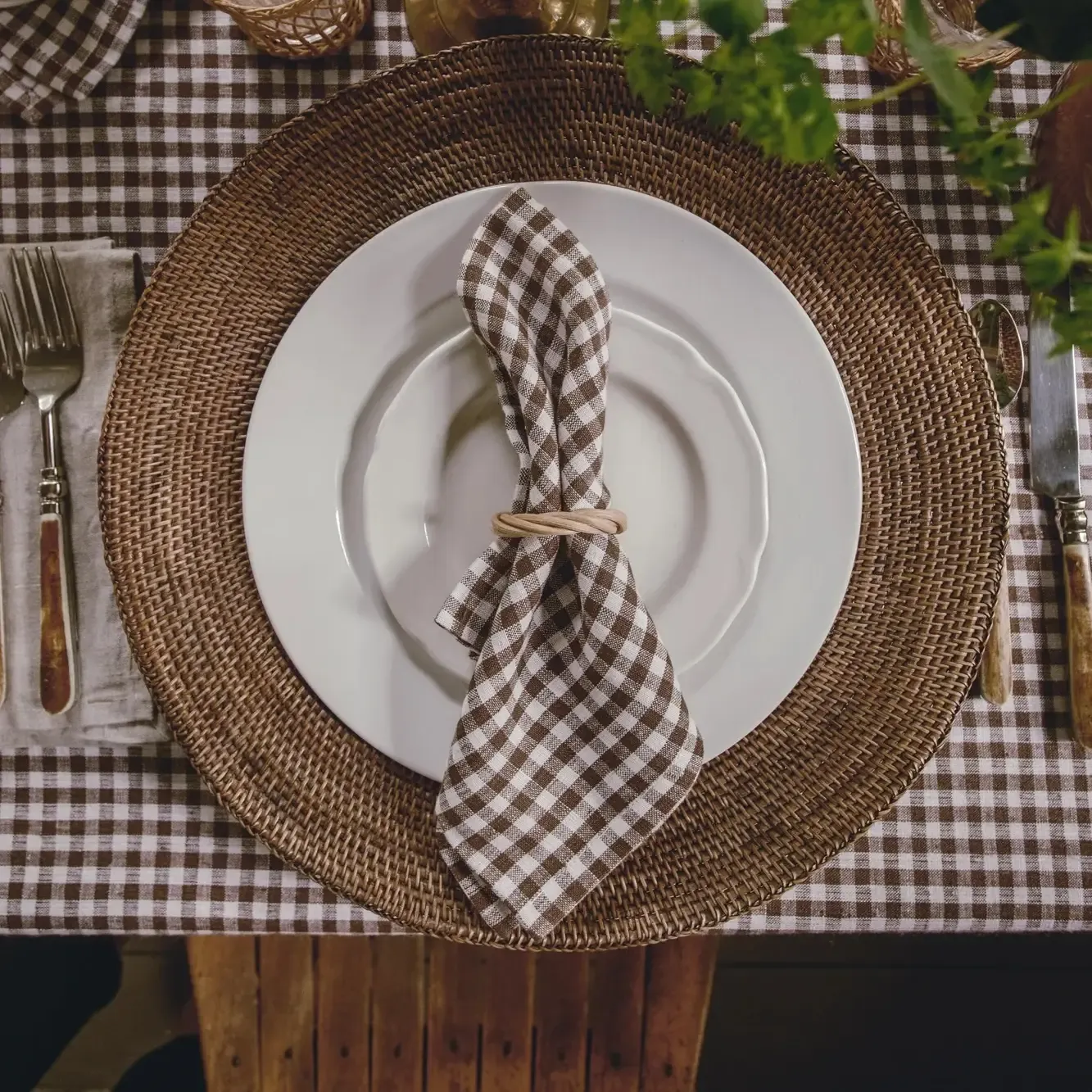 Mini Gingham Brown Linen Dinner Napkin