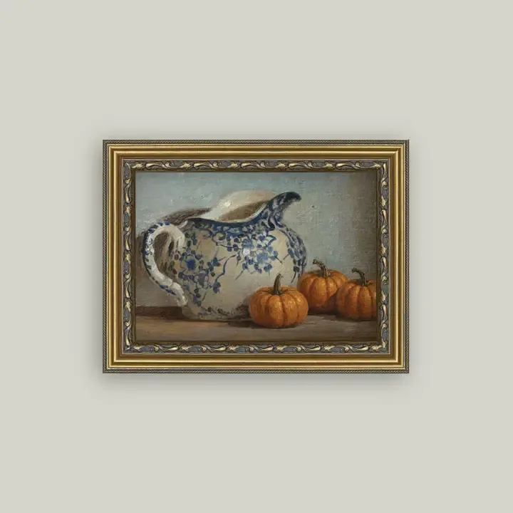 Still Life Pumpkins &amp; Pitcher Art | 7" x 5"