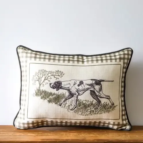 Gingham Hunting Dog Piped Pillow