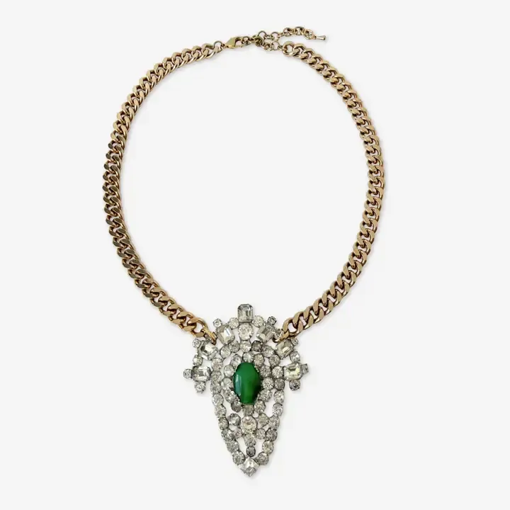 Large Refashioned Vintage Clear &amp; Green Rhinestone Pendant Necklace