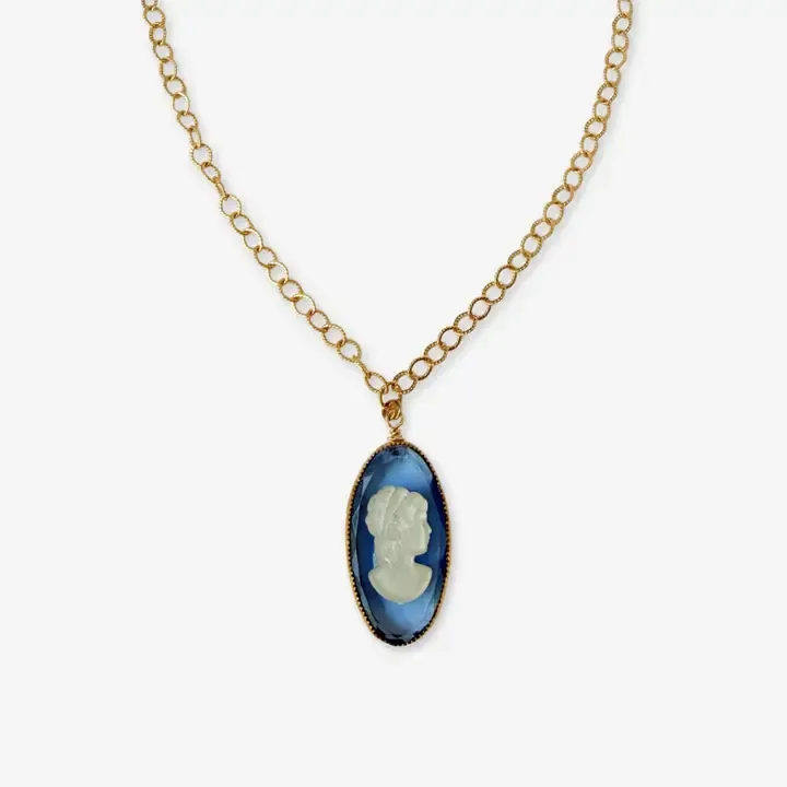 Refashioned Blue Glass Oval Cameo Pendant Necklace