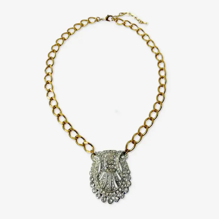 Refashioned Vintage Clear Rhinestone Deco Necklace with Brass Curb Chain