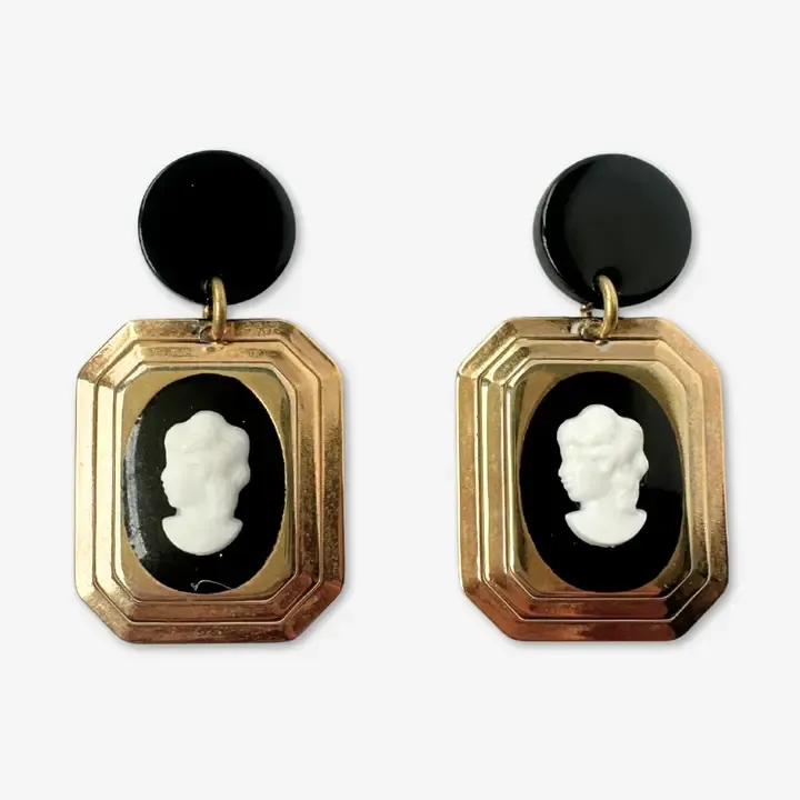 Black &amp; Gold Refashioned Vintage Cameo Statement Earrings