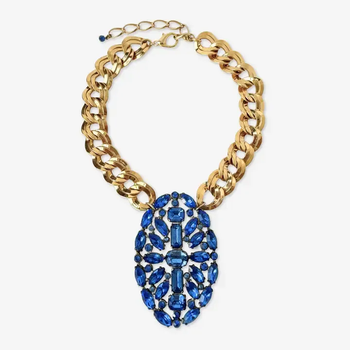 Refashioned Vintage XL Cobalt Blue Rhinestone Oval Pendant Necklace