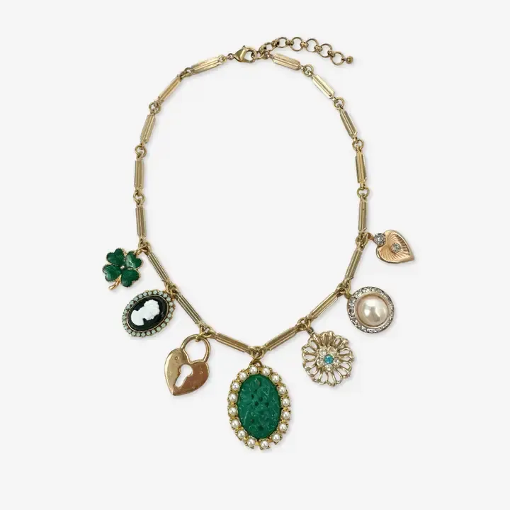 Repurposed Vintage Green &amp; Gold Mixed Charm Necklace