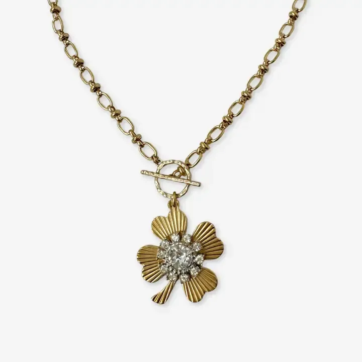 Large Solid Brass Four Leaf Clover Pendant with Vintage Clear Rhinestone Embellishment