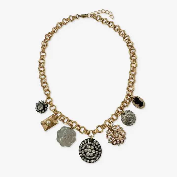 Repurposed Vintage Neutral Charm Necklace on Gold-Plated Chain