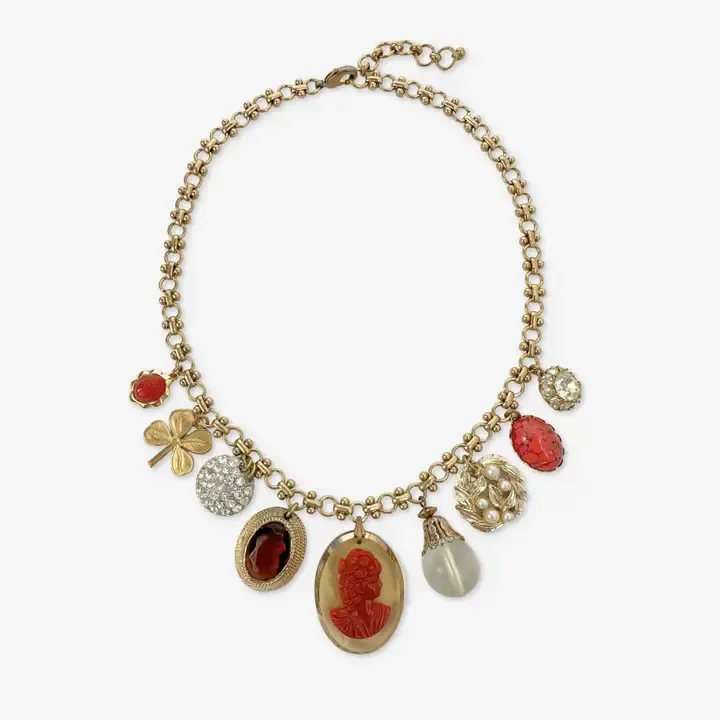 Repurposed Vintage Rust &amp; Coral Cameo Mixed Charm Necklace