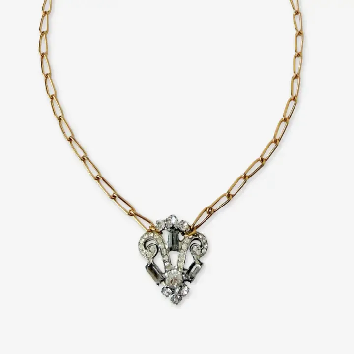 Vintage Clear Rhinestone Deco Pendant on Gold-Plated Chain