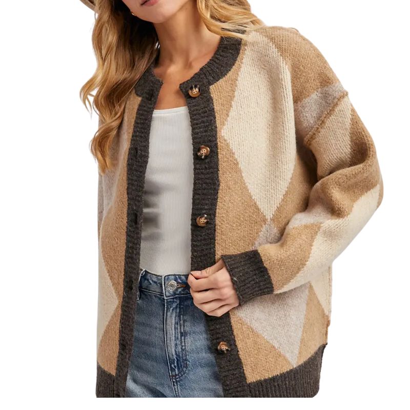 Button Down Argyle Knit Sweater Cardigan
