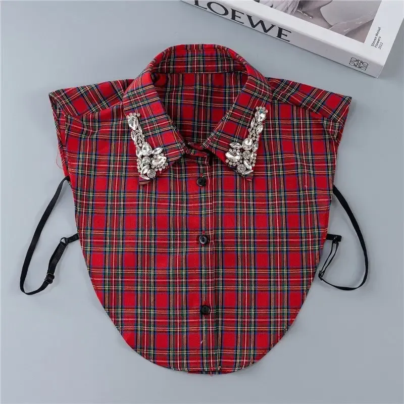Red Plaid Diamond Studded Detachable Shirt Collar