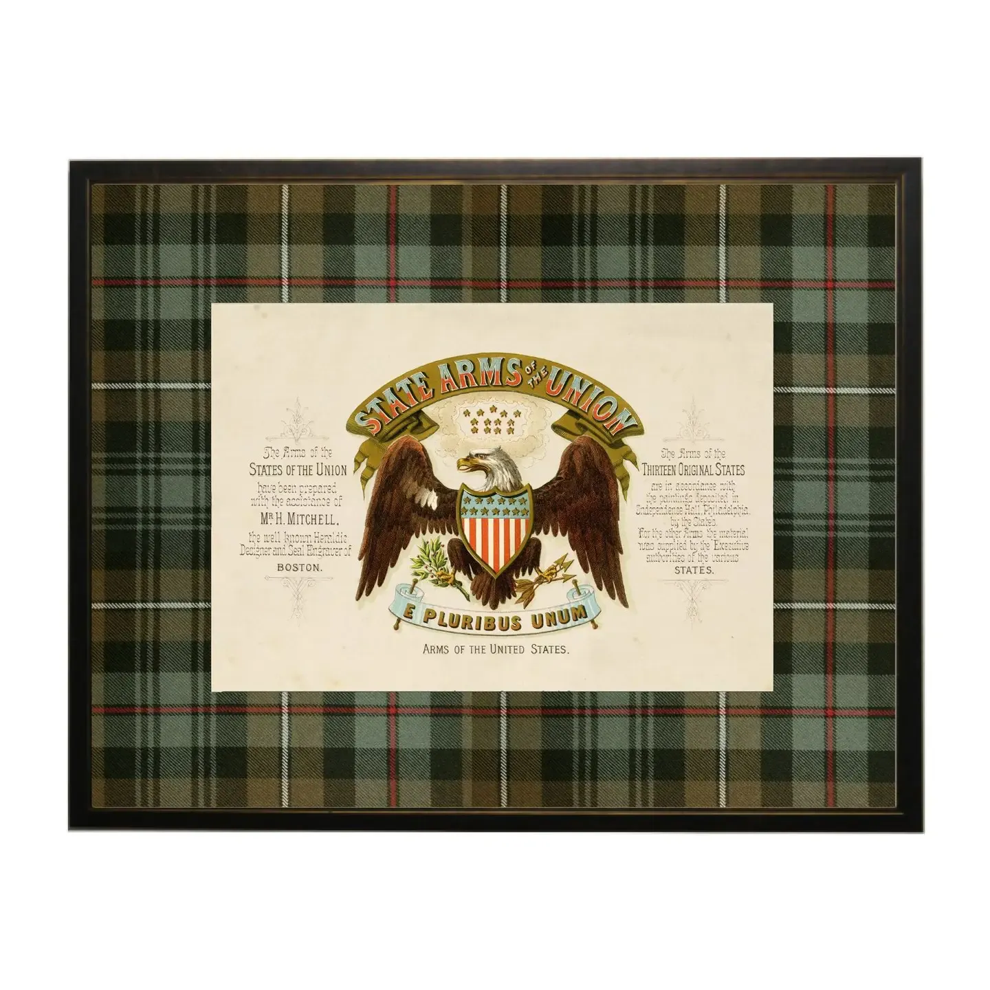 10" x 8" Eagle &amp; 13 Colonies Matted Print in Brown &amp; Green Tartan Frame