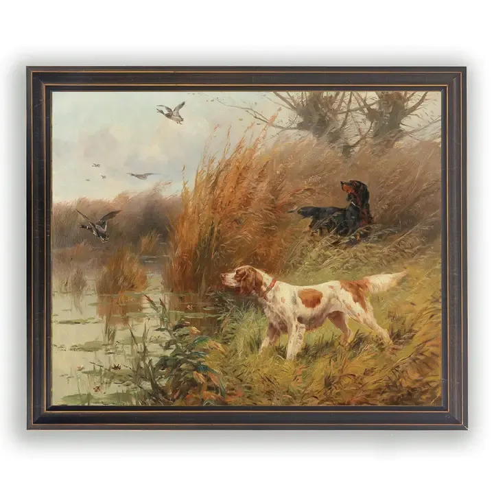 10" x 8" Framed Vintage Bird Dogs Oil Painting Reproduction