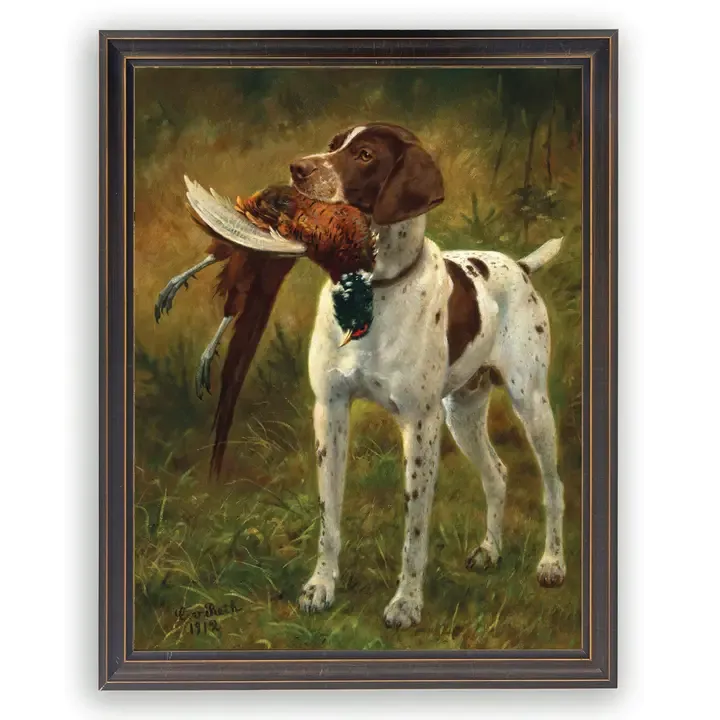 8" x 10" Framed Vintage Dog with Pheasant Oil Painting Reproduction