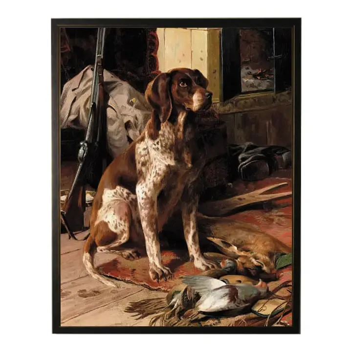 8" x 10" Framed Vintage Hunting Dog &amp; Bird Oil Painting
